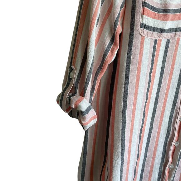 AGB Women Tunic Top L Multicolor Striped Roll Tab Long Sleeve Beachy Coastal - Picture 8 of 11